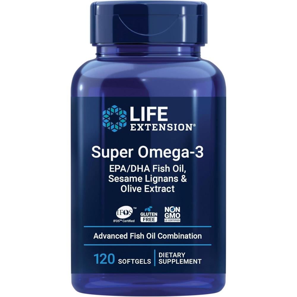 imageLife Extension Super Omega3 EPADHA Fish Oil Sesame Lignans amp Olive Extract Cognitive Health Cholesterol Health Support GlutenFree NonGMO 120 Softgels120 Count Pack of 1