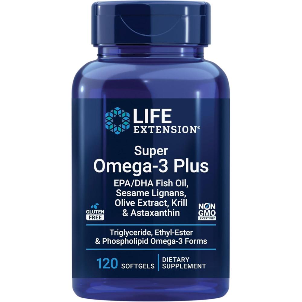 imageLife Extension Super Omega3 Plus EPADHA Fish Oil Sesame Lignans Olive Extract Krill amp Astaxanthin  Heart Brain amp Joint Health Support  GlutenFree NonGMO  120 Softgels120 Count Pack of 1