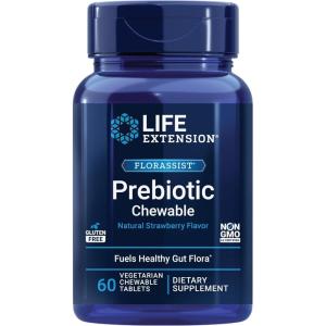 Life Extension FLORASSIST® Prebiotic Chewable (Strawberry), 1000 mg xylooligosaccharides, prebiotic Supplement Provides Fuel for Gut Flora, Gluten-Free, Non-GMO, Vegetarian, 60 chewable Tablets