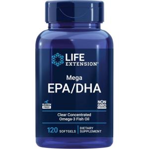 Life Extension Mega EPA/DHA, Omega-3 Fatty acids, Heart & Brain Health, Non-GMO, Gluten-Free, 120 softgels