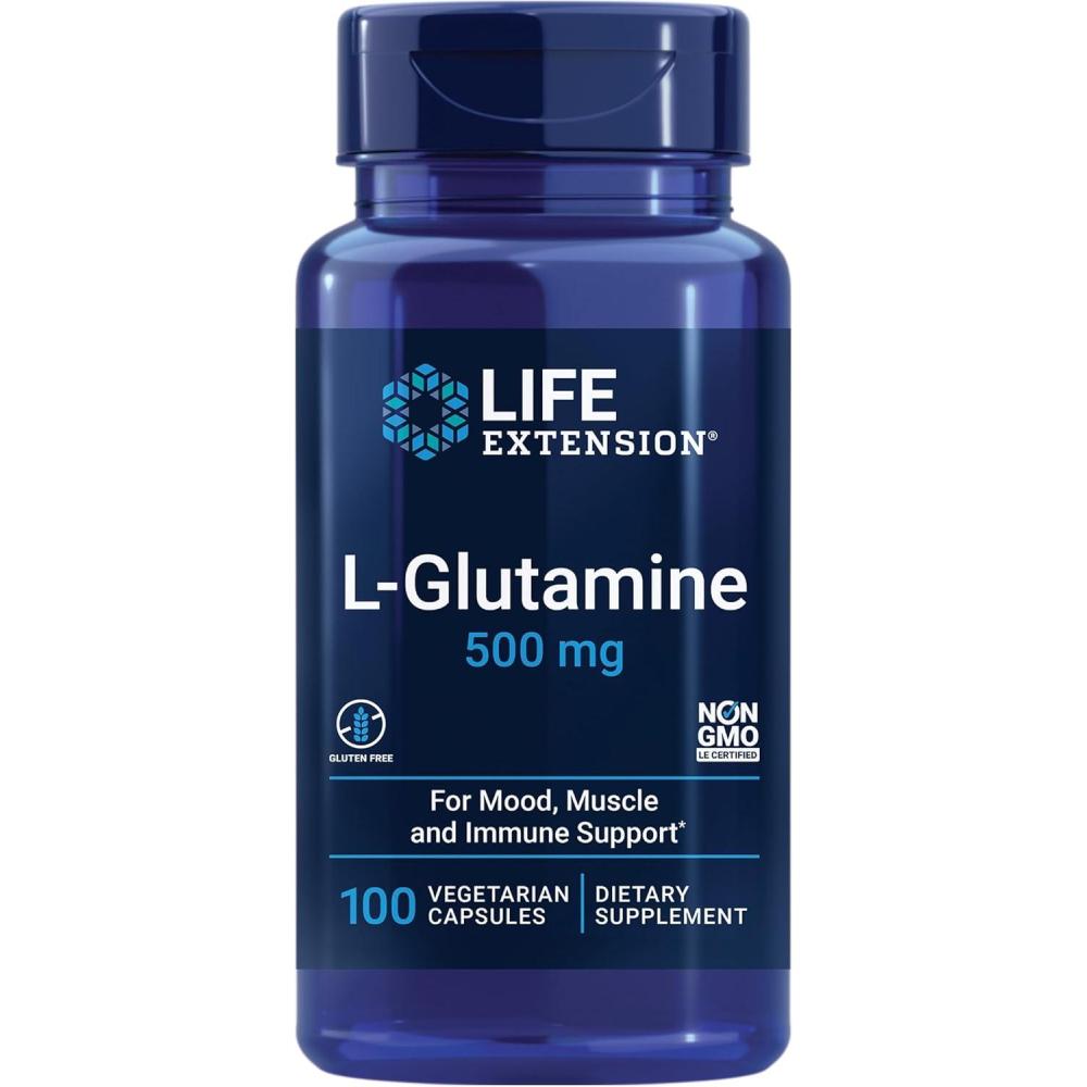 imageLife Extension LGlutamine 500 mg Lglutamine Amino Acid Supports Muscle Health and Immune Health GlutenFree NonGMO 100 Vegetarian Capsules100 Count Pack of 1