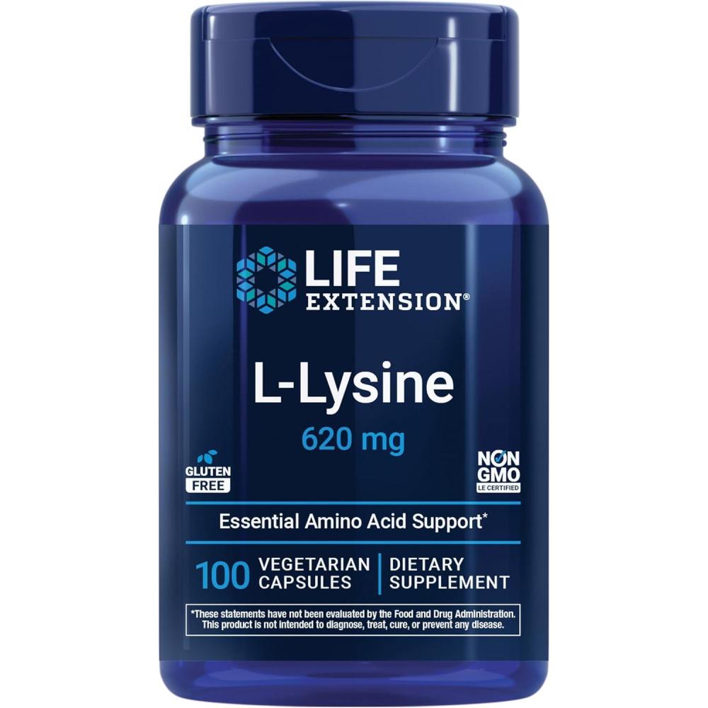 imageLife Extension LLysine 620 mg Essential Amino Acid for Healthy nitrogen Balance Calcium Metabolism Stress Response amp More GlutenFree NonGMO Vegetarian 100 Capsules100 Count Pack of 1