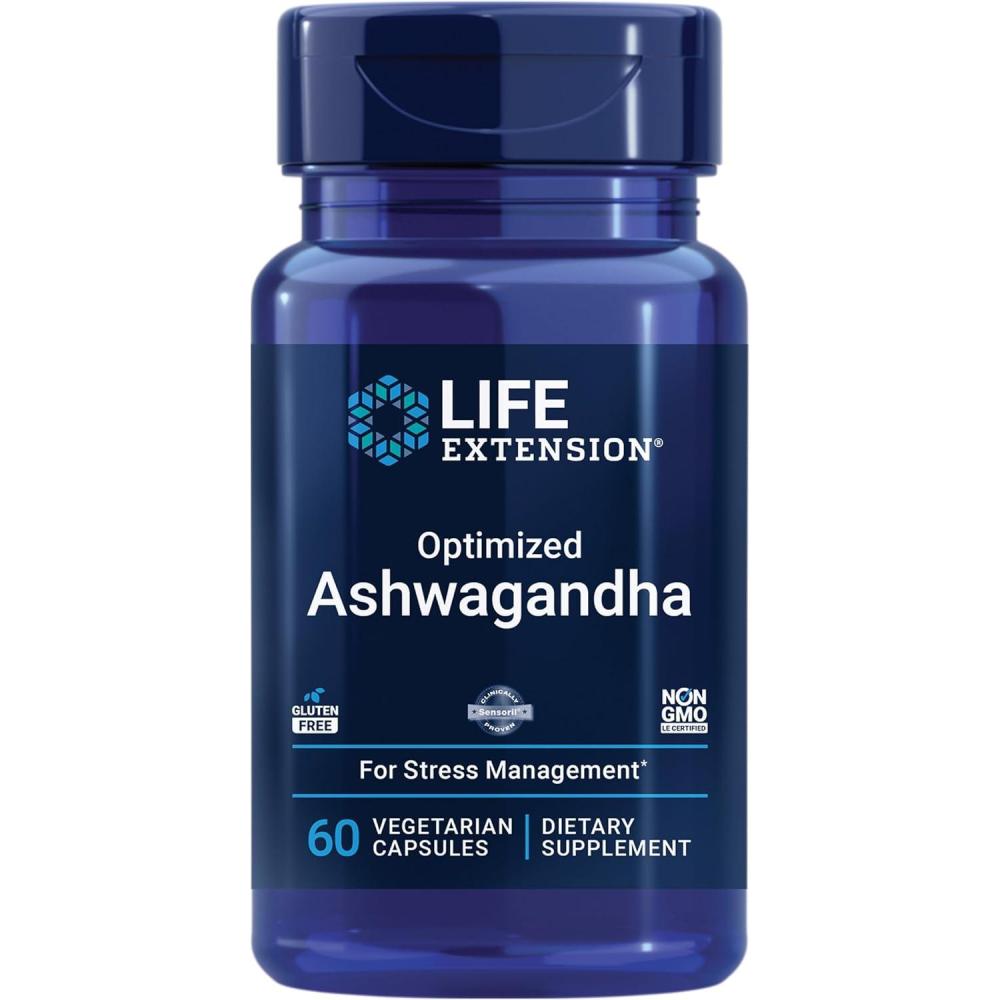 imageLife Extension Optimized Ashwagandha Stress Management Supplement for a Healthy Stress Response Focus Memory Stress Relief Vegetarian GlutenFree NonGMO 60 CapsulesStandard Packaging