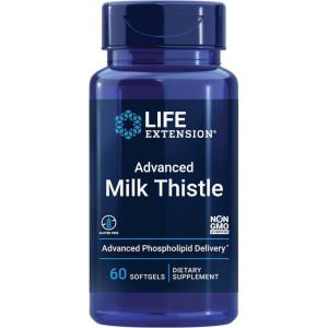 Life Extension Advanced Milk Thistle, silymarin, silybin, phospholipids, Promotes Healthy Liver Function, Gluten-Free, Non-GMO, 60 softgels