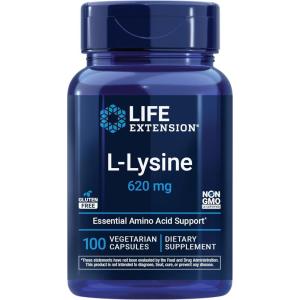 Life Extension L-Lysine, 620 mg, Essential Amino Acid for Healthy nitrogen Balance, Calcium Metabolism, Stress Response & More, Gluten-Free, Non-GMO, Vegetarian, 100 Capsules(100 Count (Pack of 1))