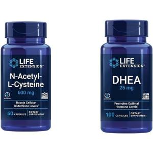 Life Extension N-Acetyl-L-Cysteine (NAC), Immune, Respiratory, Liver Health, NAC 600 mg, Potent antioxidant Support, Free-radicals, Easy to Absorb, 60 Capsules(Nutritional Supplement + DHEA 25 mg)