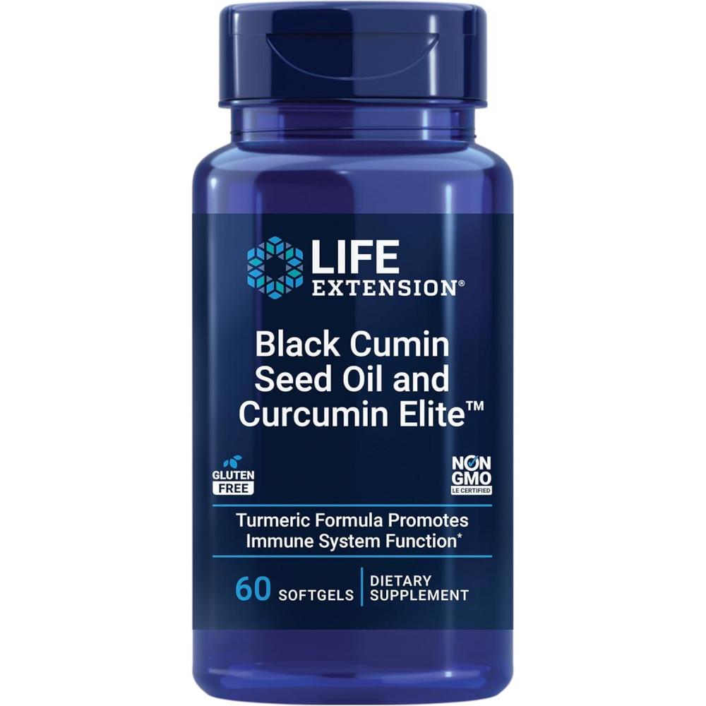 imageLife Extension Black Cumin Seed Oil and Curcumin Elite Black Cumin Turmeric Extract Immune Health Support high bioavailability WholeBody Health Gluten Free NonGMO 60 softgels
