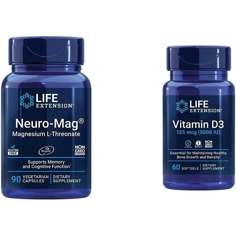 imageLife Extension Neuromag Magnesium Lthreonate and Vitamin D3 Supplement Bundle for Brain Bone and Immune Health