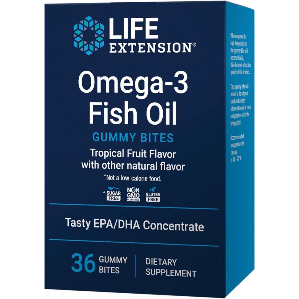 imageLife Extension Omega3 Fish Oil Gummy Bites EPA DHA Fatty acids Highdose EPA DHA Support in a Delicious chewable Form NonGMO Gluten Free 36 Gummy BitesNutritional Supplement