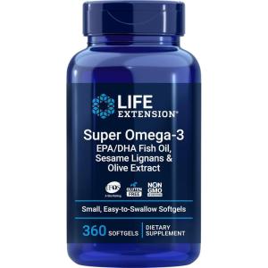 Life Extension Super Omega-3 360 Softgels, Easy to Swallow, EPA/DHA Omega3 Fish Oil, Sesame Lignans & Olive Extract