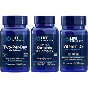 Life Extension Two-Per-Day Multivitamin, 60 capsules | BioActive Complete B-Complex, 60 capsules | Vitamin D3 125 mcg (5000 IU), 60 softgels | Bone & immune health, energy and metabolism support