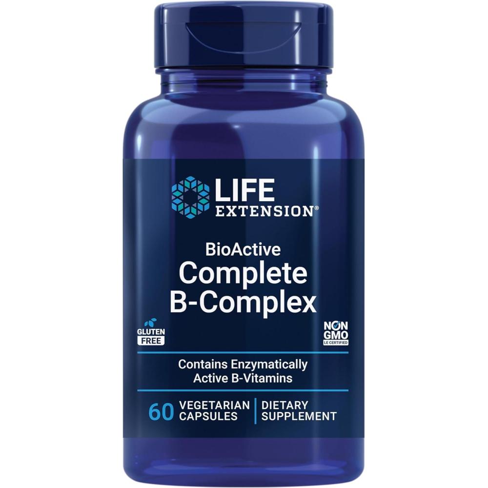 imageLife Extension BioActive Complete BComplex Heart Brain and Nerve Support Healthy Energy Metabolism Complete B Complex 60 Vegetarian Capsules60 Count Pack of 1
