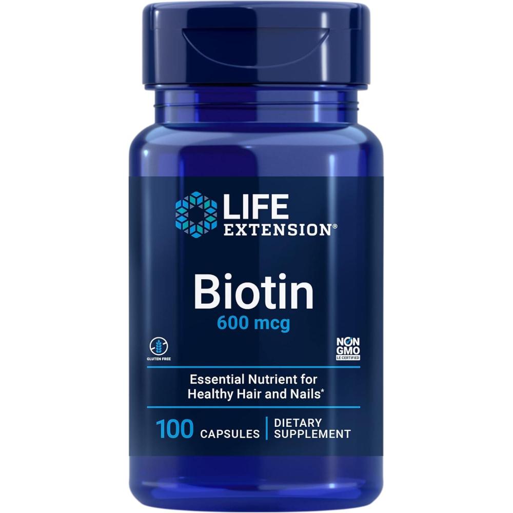 imageLife Extension Biotin 600 mcg Vitamin B7 Support Supplement for Beautiful Hair Nails amp Beyond  GlutenFree NonGMO  100 Capsules