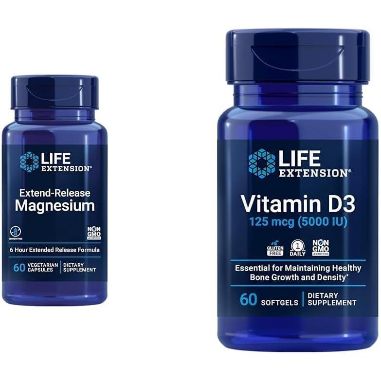 imageLife Extension ExtendRelease Magnesium prolonged Heart amp Bone Health Support Cardiovascular amp Blood Pressure Health Support bioavailable Formula GlutenFree NonGMO Vegetarian 60 CapsulesUnflavored Magnesium  Vitamin D3 125 mcg