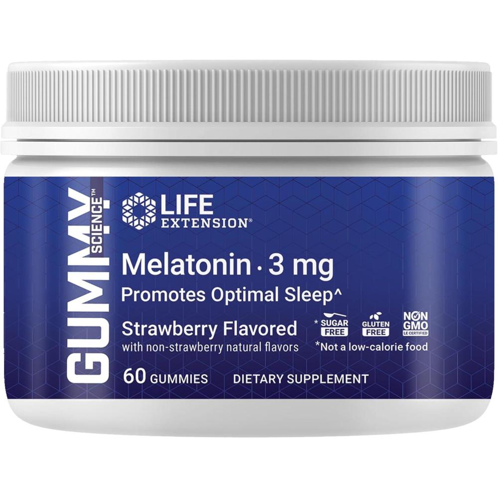 imageLife Extension Gummy Science Melatonin Strawberry 3 mg Optimal Sleep Support Healthy circadian Rhythm Cellular Defense GlutenFree NonGMO Vegetarian 60 Gummies