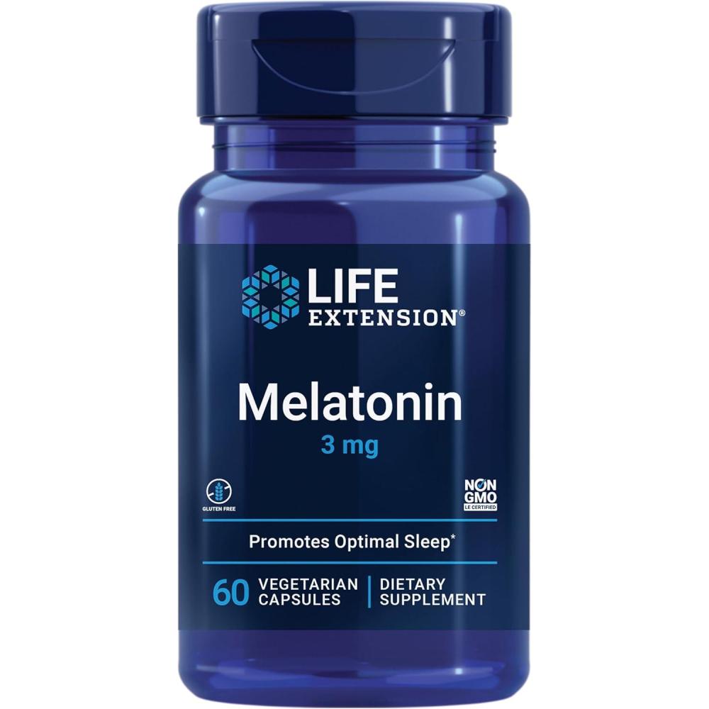 imageLife Extension Melatonin 3 mg Optimal Sleep Support Healthy circadian Rhythms Cellular Defense GlutenFree NonGMO Vegetarian 60 Capsules