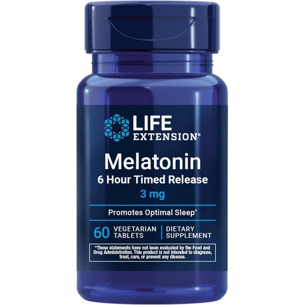 imageLife Extension Melatonin 6 Hour Timed Release 3 mg ExtendedRelease Formula for Optimal Sleep Support Healthy circadian Rhythms Cellular Defense GlutenFree NonGMO Vegetarian 60 Tablets