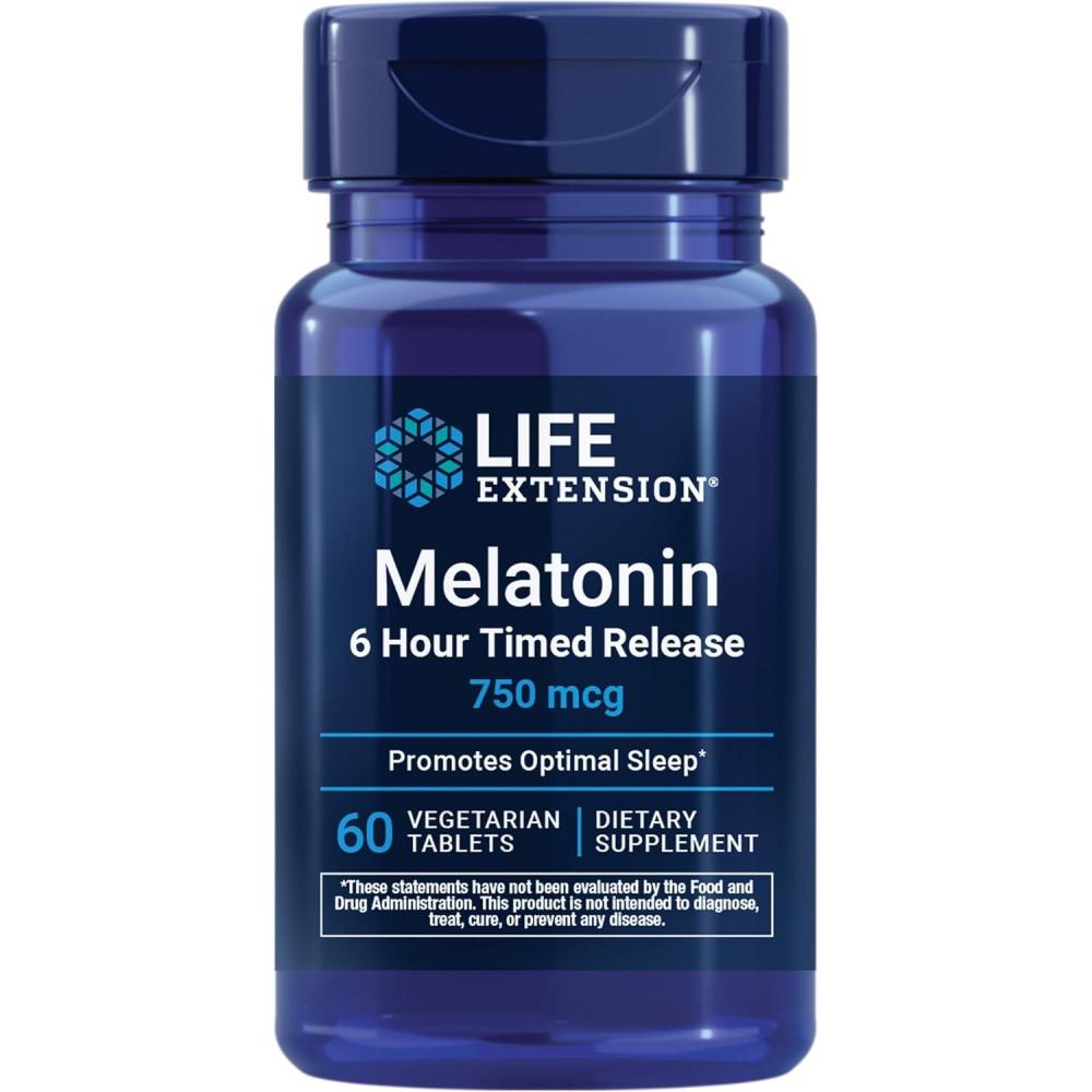 imageLife Extension Melatonin 6 Hour Timed Release 750 mcg ExtendedRelease Formula for Gentle Sleep Support Healthy circadian Rhythms Cellular Defense GlutenFree NonGMO Vegetarian 60 Tablets60 Count Pack of 1