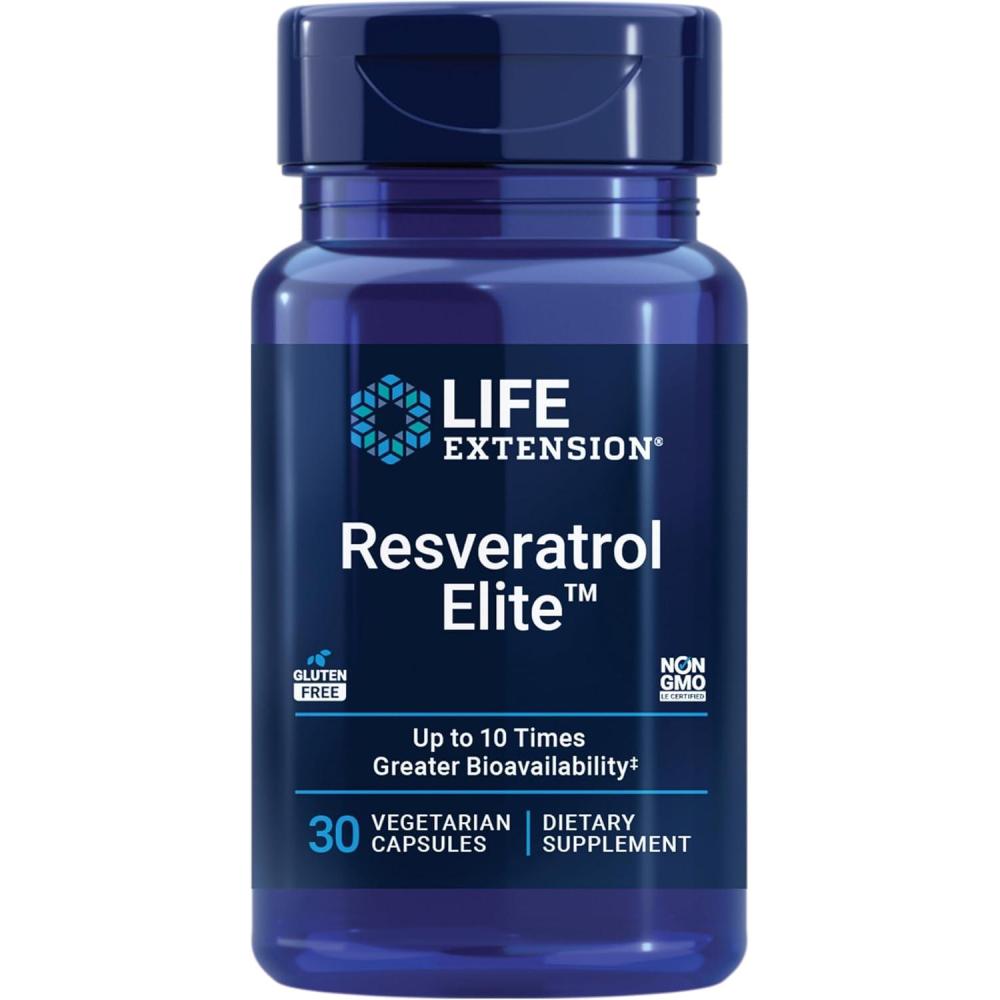 imageLife Extension Resveratrol Elite Transresveratrol Healthy Aging Cardiovascular Health Brain Health oxidative Stress GlutenFree NonGMO Vegetarian 30 Capsules