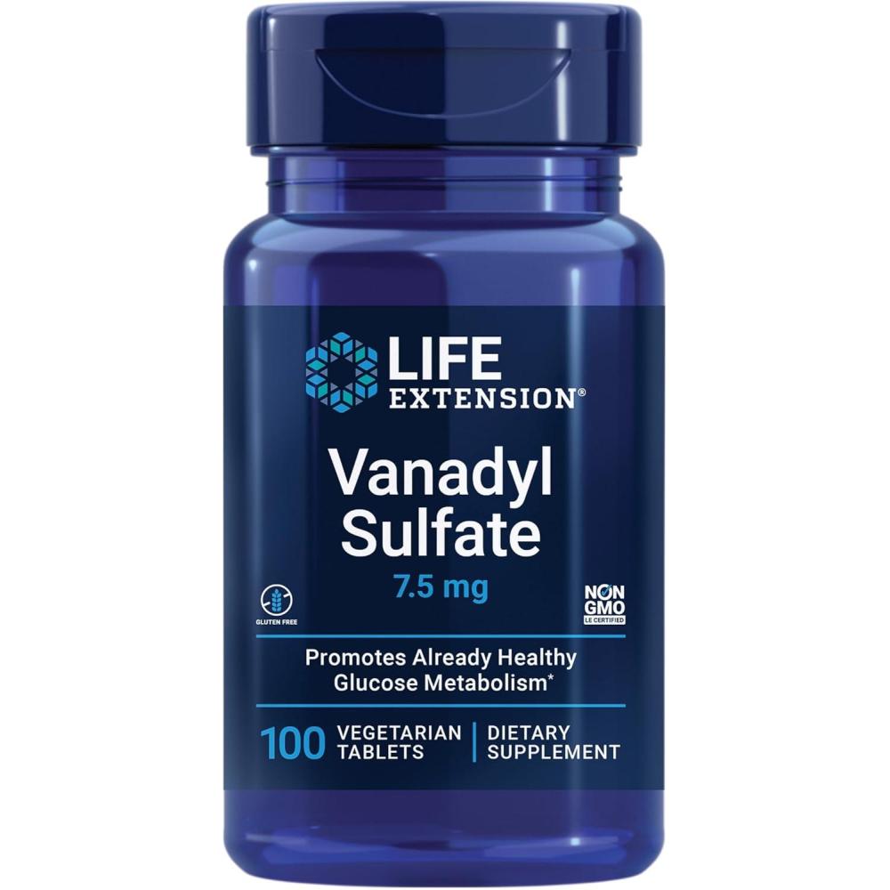 imageLife Extension Vanadyl Sulfate Trace Mineral Vanadium Healthy glycemic Balance Healthy Metabolism Hormone Function GlutenFree NonGMO Vegetarian 100 Tablets