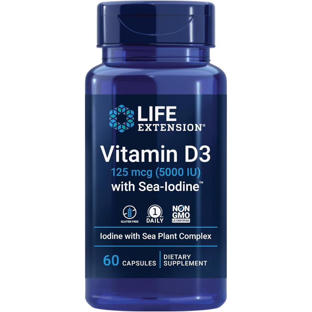 imageLife Extension Vitamin D3 with SeaIodine 125 mcg 5000 IU  Immune Support Bone Health Thyroid Health  1 Daily GlutenFree NonGMO  60 Capsules