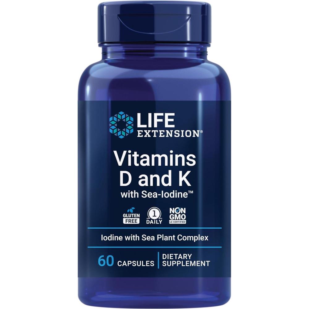 imageLife Extension Vitamins D and K with SeaIodine Bone Brain Thyroid Arterial Support Non GMO Once Daily Gluten Free 60 Count60 Count Pack of 1