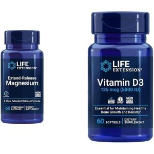Life Extension Extend-Release Magnesium, prolonged Heart & Bone Health Support, Cardiovascular & Blood Pressure Health Support, bioavailable Formula, Gluten-Free, Non-GMO, Vegetarian, 60 Capsules(Unflavored (Magnesium + Vitamin D3 125 mcg))
