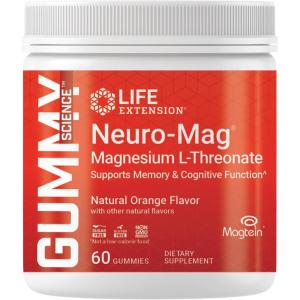 Life Extension Gummy Science™ Neuro-Mag® Magnesium L-Threonate, Memory Support, Quick Thinking, cognition, Magnesium Supplement, Gluten-Free, Non-GMO, Orange Flavor, 60 Gummies
