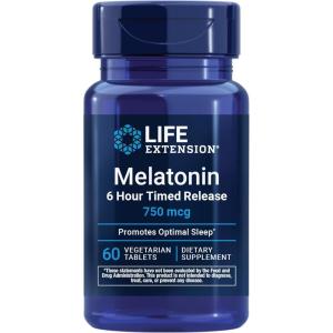 Life Extension Melatonin 6 Hour Timed Release, 750 mcg, Extended-Release Formula for Gentle Sleep Support, Healthy circadian Rhythms, Cellular Defense, Gluten-Free, Non-GMO, Vegetarian, 60 Tablets(60 Count (Pack of 1))