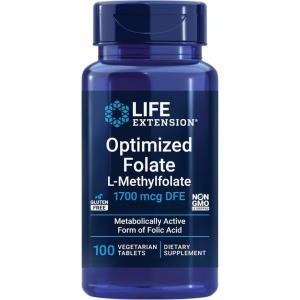 Life Extension Optimized Folate – L-methylfolate – Heart & Brain Support, Healthy Homocysteine Levels – Non-GMO, Gluten-Free, Vegetarian – 1700 mcg DFE, 100 Vegetarian Tablets
