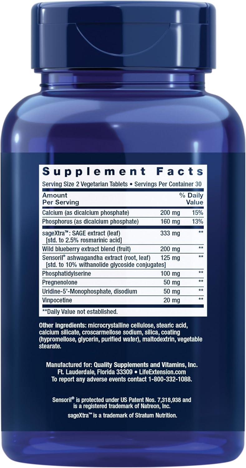 imageLife Extension Cognitex Elite Pregnenolone sage Blueberry ashwagandha phosphatidylserine Advanced Formula Attention Focus Memory GlutenFree NonGMO Vegetarian 60 TabletsSupplement