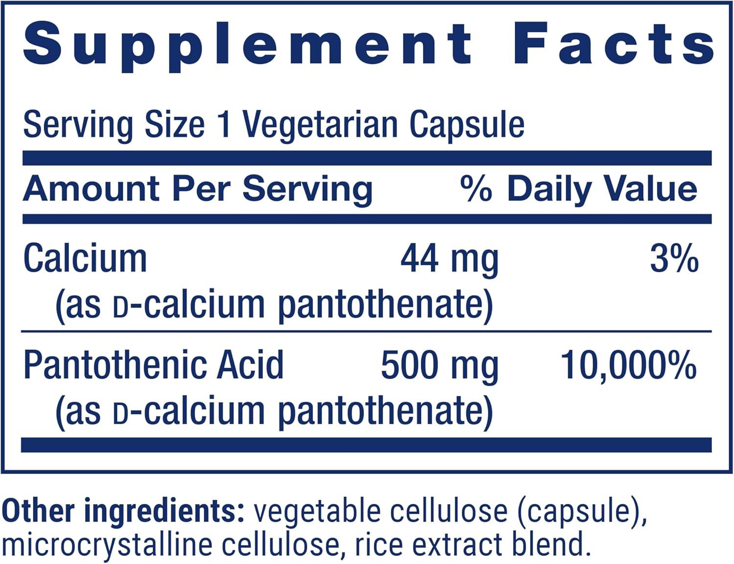 imageLife Extension Pantothenic Acid 500 mg Vitamin B5 Calcium Support Healthy Metabolism Mitochondrial Energy Production GlutenFree NonGMO Vegetarian 100 Capsules