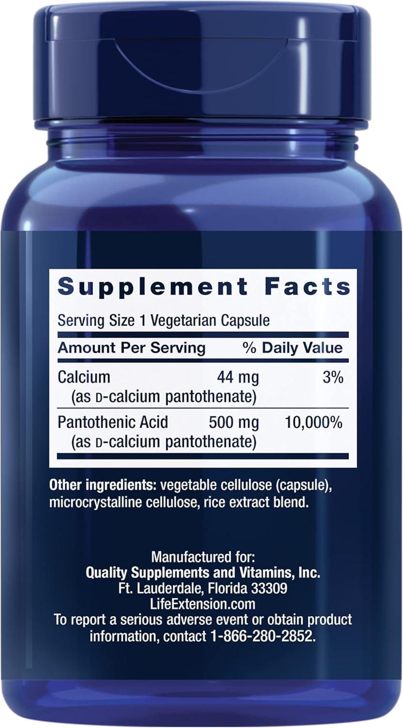 imageLife Extension Pantothenic Acid 500 mg Vitamin B5 Calcium Support Healthy Metabolism Mitochondrial Energy Production GlutenFree NonGMO Vegetarian 100 Capsules