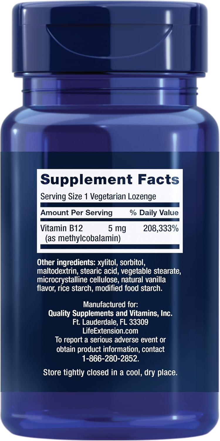 imageLife Extension Vitamin B12 Methylcobalamin Nerve Health Supplement Cognitive Support Energy Vitamin methylcobalamin B12 5 mg QuickDissolving GlutenFree NonGMO Vegetarian 60 lozenges60 Count Pack of 1