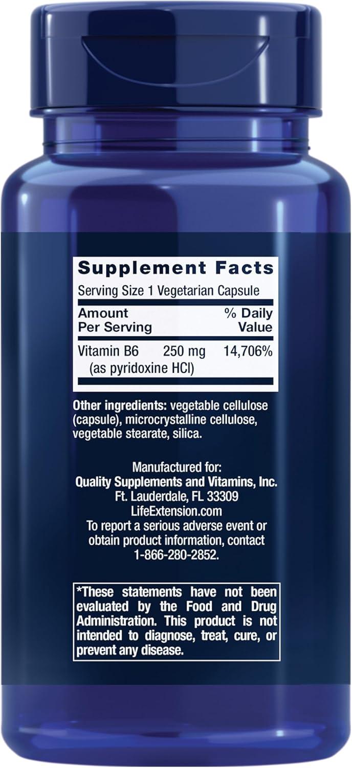 imageLife Extension Vitamin B6 250 mg high Potency Cardiovascular Health neurological Health Eye Health Healthy Kidney Function GlutenFree NonGMO Vegetarian 100 Capsules100 Count Pack of 1