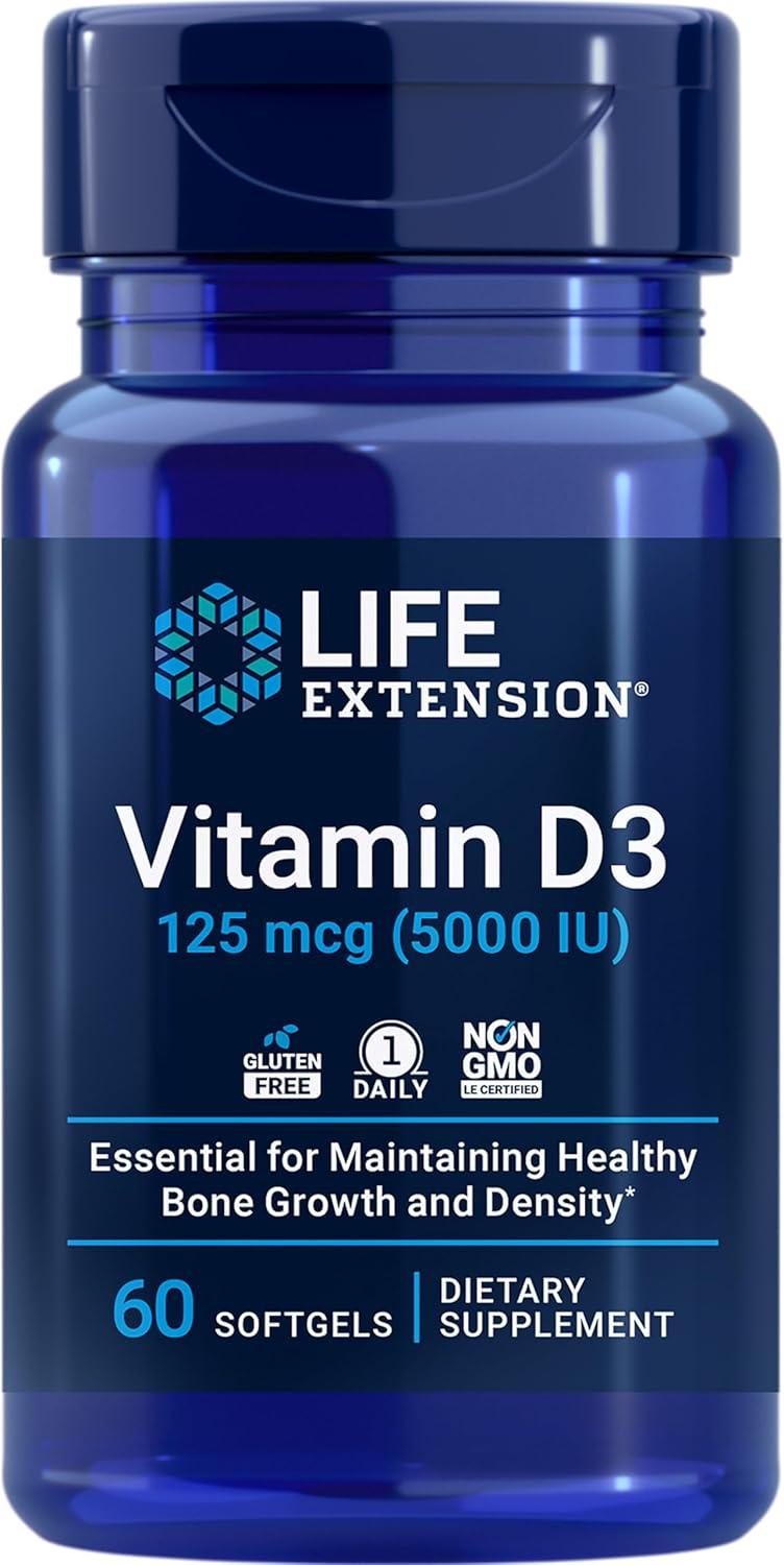 imageLife Extension Vitamin D3 125 mcg 5000 IU Bone Health Brain Performance Immune System Support GlutenFree NonGMO Once Daily TwoMonth Supply 60 Softgels60 Count Pack of 1