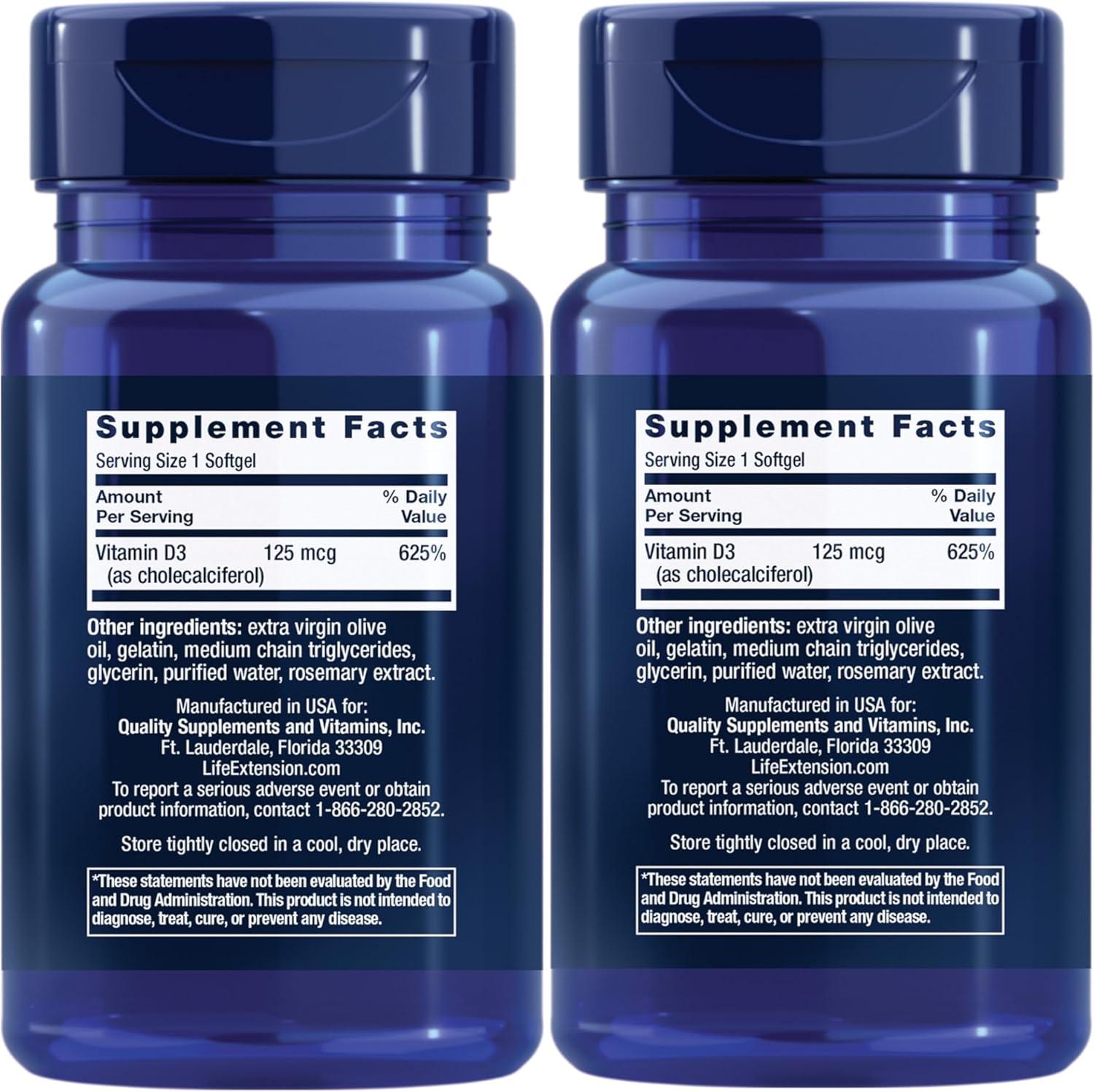 imageLife Extension Vitamin D3 125 mcg 5000 IU Bone Health Brain Performance Immune System Support GlutenFree NonGMO Once Daily TwoMonth Supply 60 Softgels60 Count Pack of 2