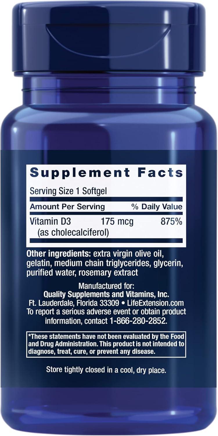 imageLife Extension Vitamin D3 175 mcg 7000 IU Immune System Support Bone Health Brain Performance GlutenFree NonGMO Once Daily TwoMonth Supply 60 softgels60 Count Pack of 1
