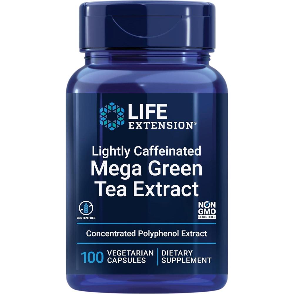 imageLife Extension Lightly Caffeinated Mega Green Tea Extract Camellia sinensis Extract with Concentrated EGCG polyphenol Content GlutenFree NonGMO Vegetarian 100 CapsulesLightly Caffeinated