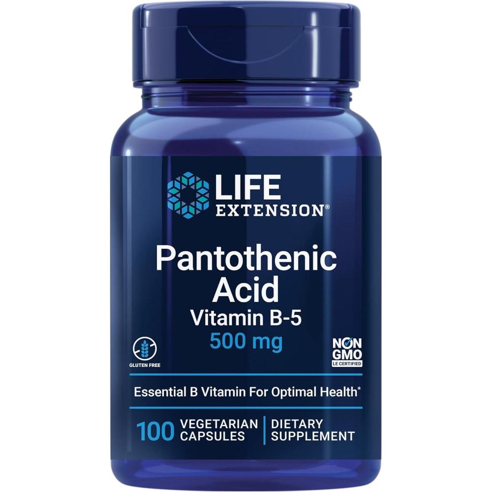 imageLife Extension Pantothenic Acid 500 mg Vitamin B5 Calcium Support Healthy Metabolism Mitochondrial Energy Production GlutenFree NonGMO Vegetarian 100 Capsules