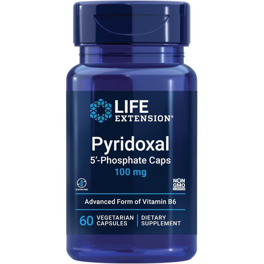 imageLife Extension Pyridoxal 5Phosphate CapsVitamin B6 100 mg Bioactive B6 for Cardiovascular Kidney amp Nerve HealthGlutenFree NonGMO Vegetarian60 Vegetarian Capsules60 Count Pack of 1
