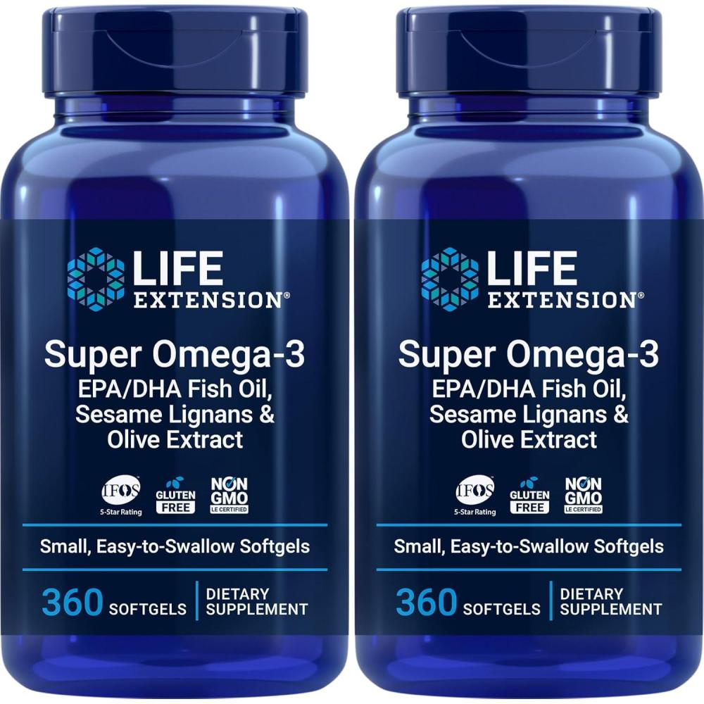 imageLife Extension Super Omega3 EPADHA Fish Oil Sesame Lignans amp Olive Extract  Heart Health Brain Health Inflammation Health Support GlutenFree EntericCoated NonGMO 120 Softgels360 Count Pack of 2