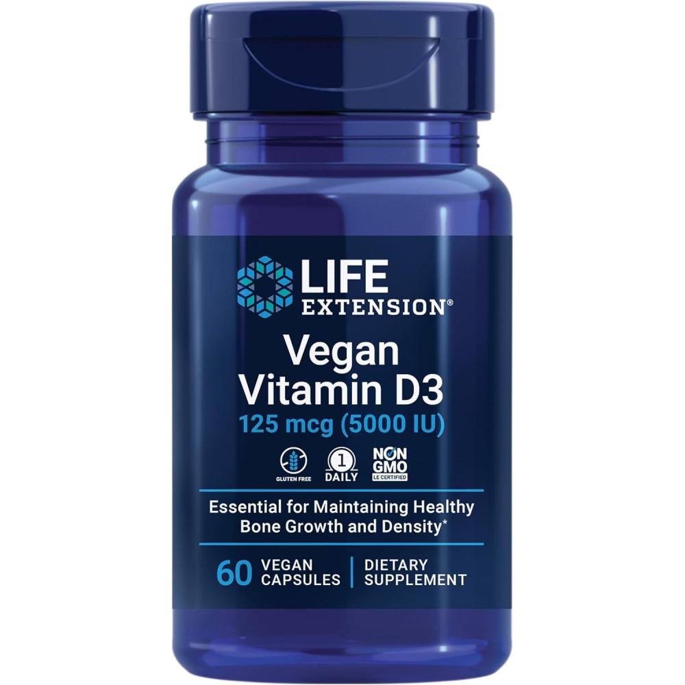 imageLife Extension Vegan Vitamin D3 125 mcg 5000 IU cholecalciferol from Algae highPotency Immune Bone amp WholeBody Health GlutenFree NonGMO 1 Daily Vegan 60 Vegan CapsulesCapsules