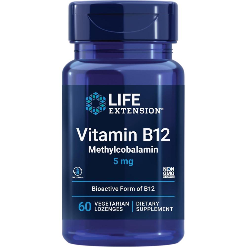 imageLife Extension Vitamin B12 Methylcobalamin Nerve Health Supplement Cognitive Support Energy Vitamin methylcobalamin B12 5 mg QuickDissolving GlutenFree NonGMO Vegetarian 60 lozenges60 Count Pack of 1
