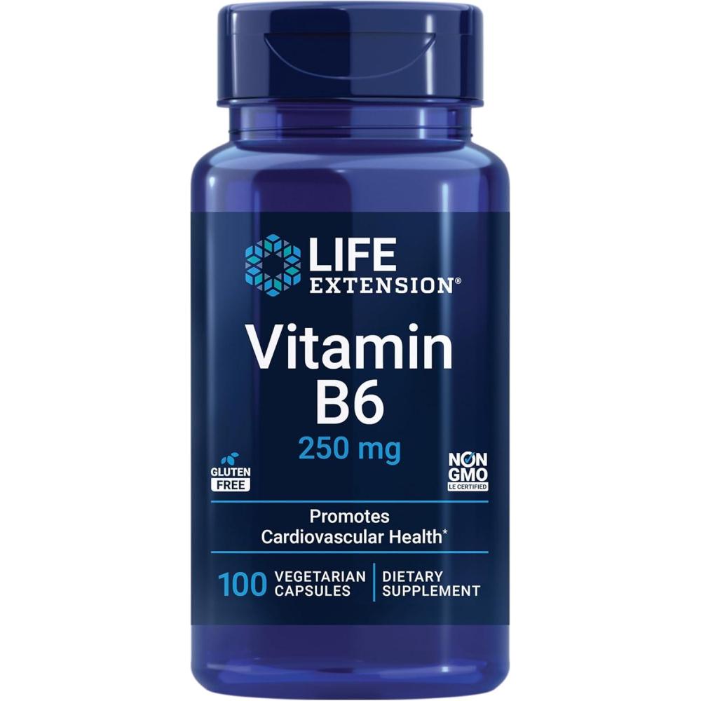 imageLife Extension Vitamin B6 250 mg high Potency Cardiovascular Health neurological Health Eye Health Healthy Kidney Function GlutenFree NonGMO Vegetarian 100 Capsules100 Count Pack of 1
