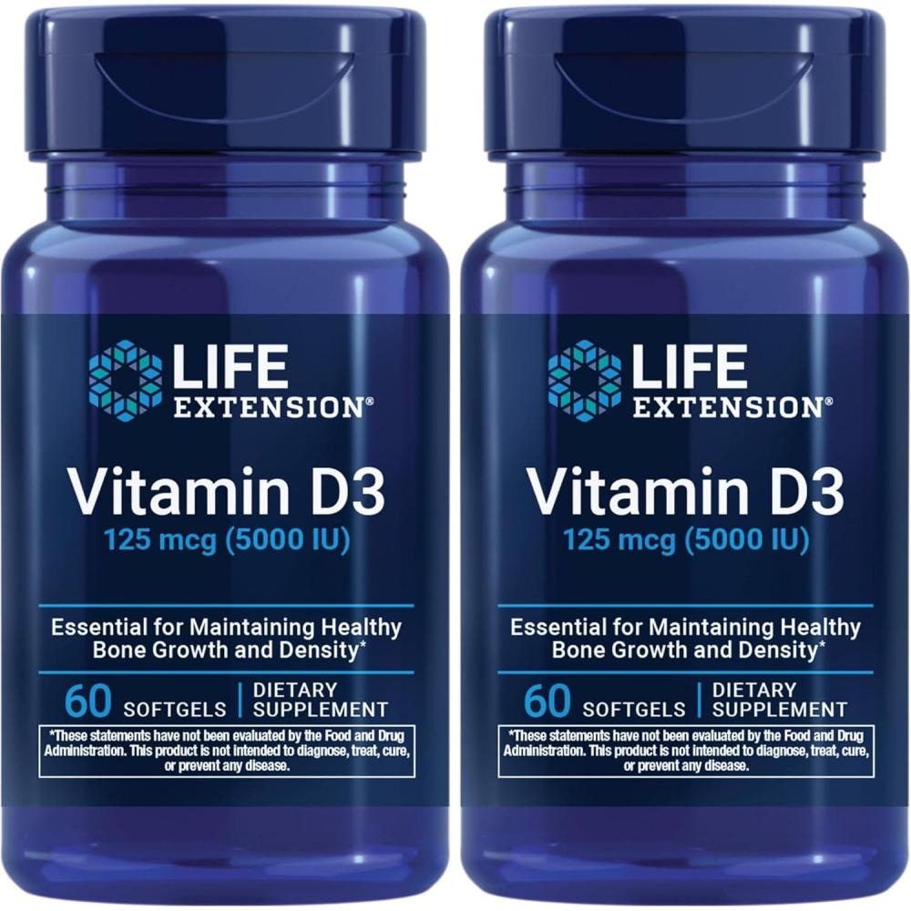 imageLife Extension Vitamin D3 125 mcg 5000 IU Bone Health Brain Performance Immune System Support GlutenFree NonGMO Once Daily TwoMonth Supply 60 Softgels60 Count Pack of 2