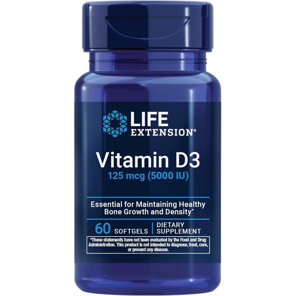 imageLife Extension Vitamin D3 125 mcg 5000 IU Bone Health Brain Performance Immune System Support GlutenFree NonGMO Once Daily TwoMonth Supply 60 Softgels60 Count Pack of 1