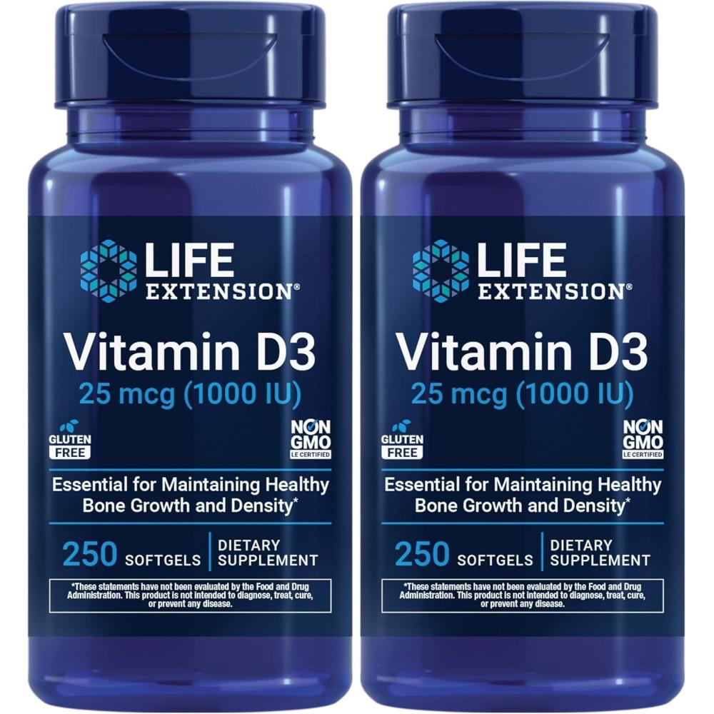 imageLife Extension Vitamin D3 25 mcg 1000 IU Immune System Support Bone Health WholeBody Health Value Size GlutenFree NonGMO 250 softgels250 Count Pack of 2