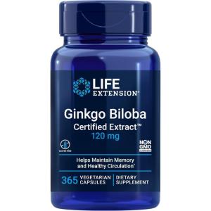 Life Extension Ginkgo Biloba Certified Extract™, 120 mg, Helps Maintain Memory & cognition, Gluten-Free, Non-GMO, Vegetarian, 365 Capsules