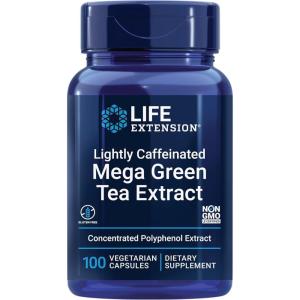 Life Extension Lightly Caffeinated Mega Green Tea Extract, Camellia sinensis Extract with Concentrated EGCG polyphenol Content, Gluten-Free, Non-GMO, Vegetarian, 100 Capsules(Lightly Caffeinated)